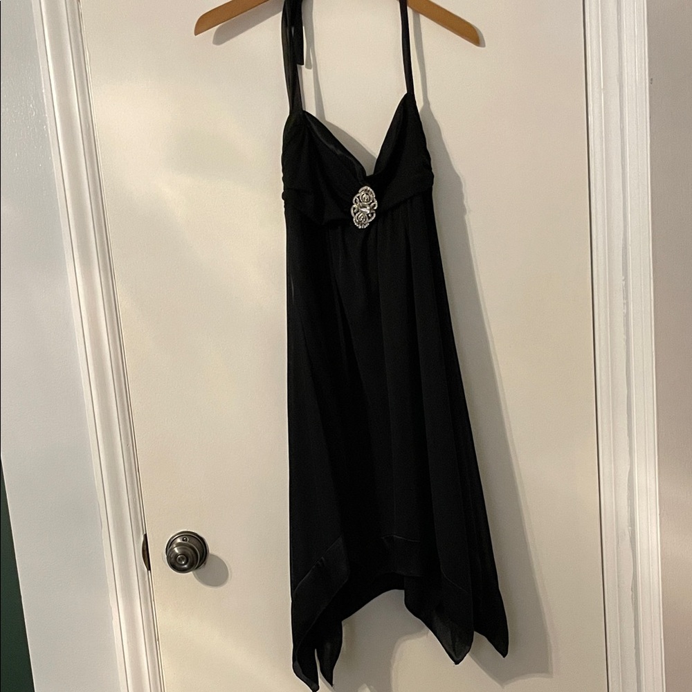 XOXO Black Asymmetrical Spaghetti Strap Dress with Decorative Brooch